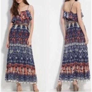 JOIE 100% Silk Batik Print Maxi Dress‎ Ruffle Strappy Boho Vacation Women S